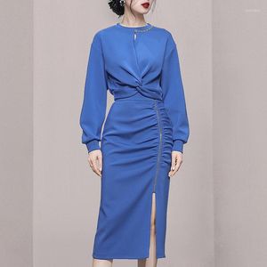 Werkjurken dames herfst blauw 2 -delige set vrouwen o nek geknoopte korte sweatshirt tops hoge taille ritsen split bodycon koker rok pakken