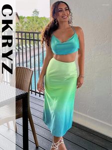 Werkjurken Dames Zomer Satijn Mode Backless Clubwear Tie Dye Print Y2K 2 Stuks Mouwloze Croptop En Midi Rok Set Dames Strand