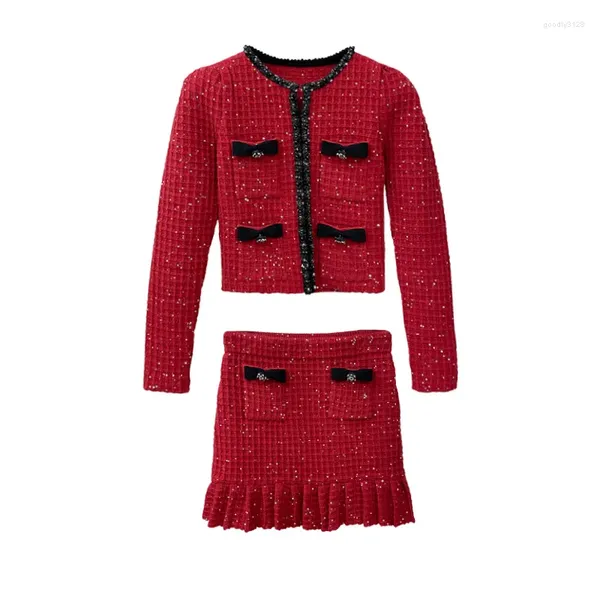 Robes de travail Lady Style élégant Est Costume en tricot Perles de luxe Paillettes O-décolleté Cardigan Ourlet plissé Slim Mini jupe Femmes 2 pièces