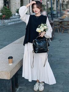 LANMREM 2-delige set lange casual witte jurk met zwart splitvest Vrouwelijke mode streetwear kleding 2024 lente 2DA4146