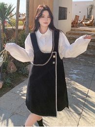 LANMREM Chic 2-delige sets voor dames Wit shirt met lange mouwen Zwart onregelmatige jarreteljurk Dames Koreaanse stijl 2DA4232