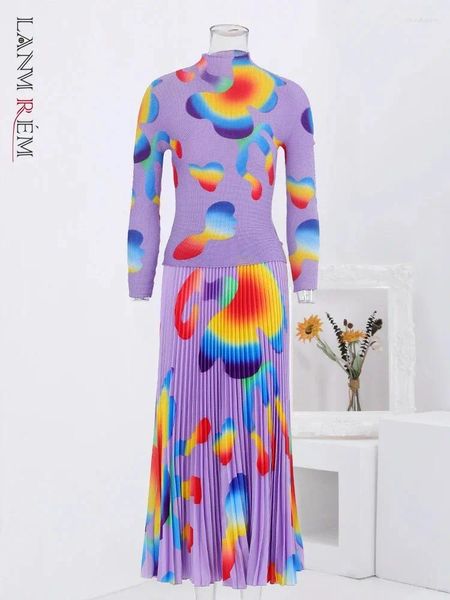 Vestidos de trabajo LANMREM Moda Plisado Estampado colorido Conjunto de 2 piezas Mujeres Mangas largas Camiseta A-Line Faldas Streetwear 2024 Primavera 22921