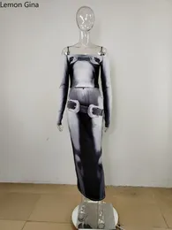 Vestidos de trabajo Lemon Gina Conjunto de mujer impreso en 3D Camiseta de manga larga con hombros descubiertos y faldas maxi midi bodycon Traje 2024 Dos conjuntos de 2 piezas