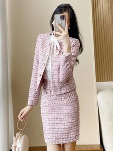 Robes de travail Suit professionnel rose clair jupe de veste en tweed print