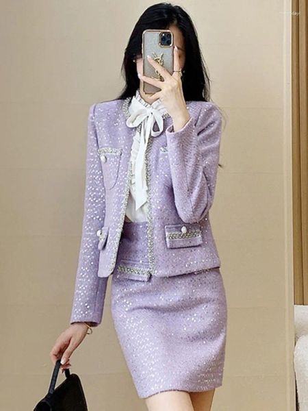 Robes de travail Light Purple Professional Suit Tweed Jacket Jupe Spring / Automne Femme's M manters Business Ladies 2 Pieces sets