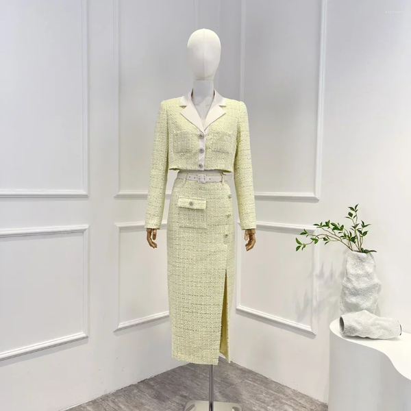 Robes de travail poches jaune clair manches longues 2023 veste à boutonnage unique et jupe midi fendue latérale ceinturée ensemble femmes vêtements de mode