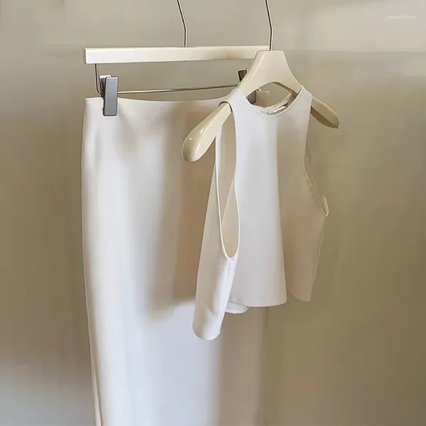 Vestidos de trabajo Limiguyue Vintage Conjunto de dos piezas Francés Luz de lujo Blanco Sin mangas Falda de cintura alta Trajes Mujeres Elegantes Trajes de verano delgados