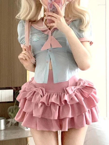 Vestidos de trabajo lolita kawaii conjunto de dos piezas mujeres verano japonés estilo universitario fiesta mini faldas traje azul azul marino blusa rosa pastel falda