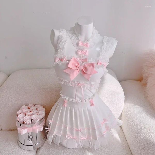 Vestidos de trabajo Conjuntos de estilo lolita Mujeres Lindo encaje recortado Decoración de arco recortado Mini faldas plisadas 2 piezas para dulce niña Ropa Kawaii