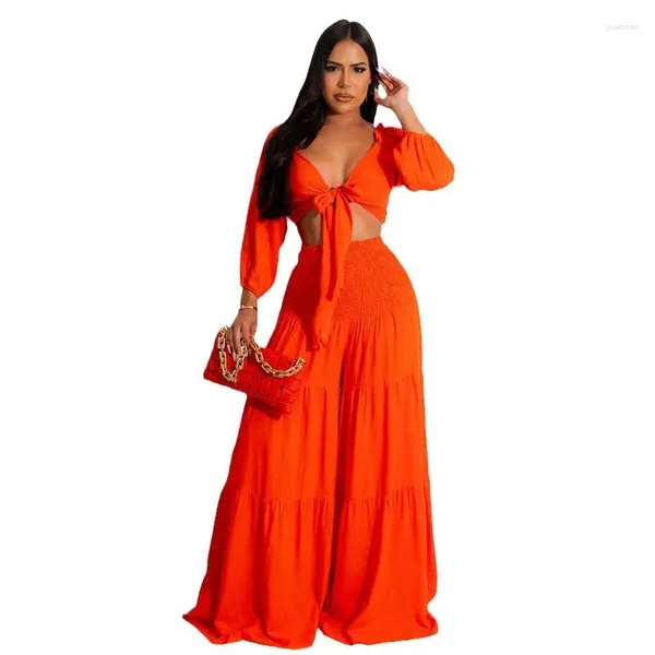 Robes de travail pantalons longs costume Orange femmes africaines manches Sexy poitrine enveloppé haut ample jambe large pantalon décontracté 2023 automne 2XL