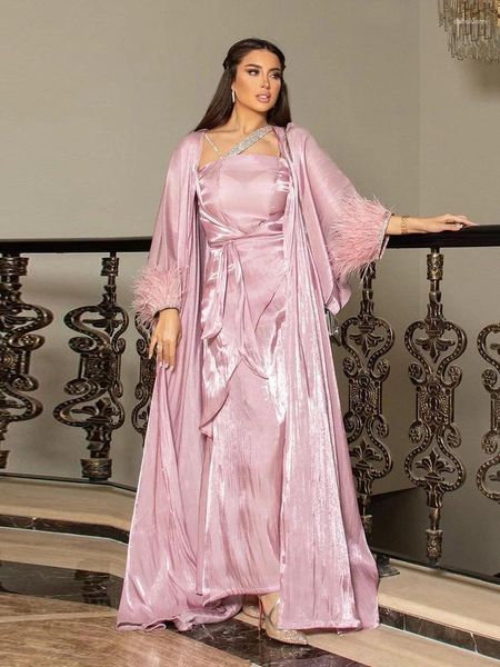 Vestidos de trabajo Lujoso Formal Musulmán Kaftan Vestido Mujeres 3 piezas Conjunto de manchas Caftan Plumas Robe Longue Dubai Turquía Abaya Islam Djellaba