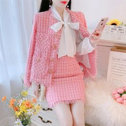 Arbeitskleider Luxus kleiner duftender Wind Tweed Zweiteiliges Set für Frauen Herbst Winter Karierte Taschenjacke Minirock Anzüge Weibliche Outfits