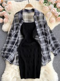 Vestidos de trabajo Ly Varey Lin Verano Mujer Moda Conjunto de dos piezas Plaid Manga larga Camisa de protección solar Una línea de punto Vestido de resbalón Trajes casuales