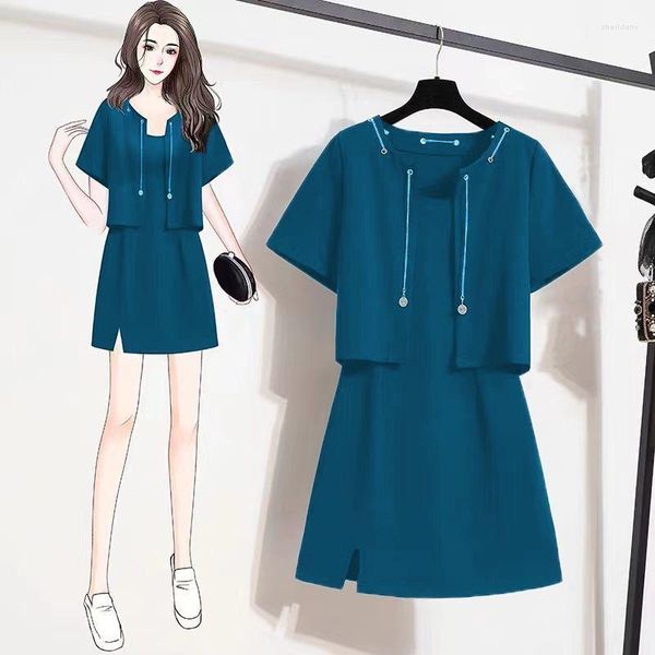 Vestidos de trabajo (M-4XL) Conjunto de vestido de dos piezas de verano para mujer Estudiante coreano Casual Cadena de metal Cardigan Camisola Mini trajes 2023 Moda