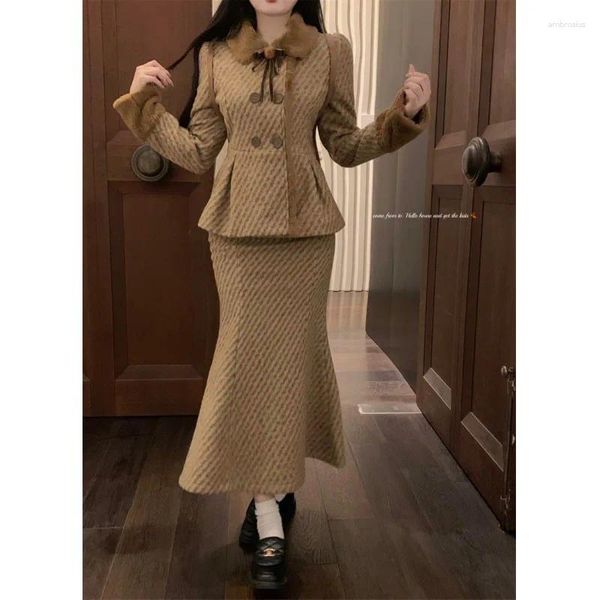 Robes de travail Maillard style fille costume pour femmes automne rétro marron mince manteau court sirène jupe longue deux pièces ensemble vêtements féminins