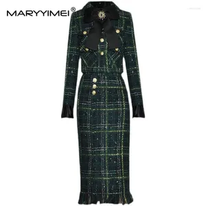 Robes de travail MARYYIMEI créateur de mode hiver Plaid Tweed jupes costume femmes arc perles à manches longues veste gland jupe 2 pièces ensemble