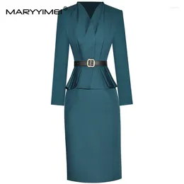 Werkjurken Maryyimei Fashion Runway Autumn Winter Skirts Pak Women V Neck Lange Mouw Bended Top Office Lady Slim Pencil 2 Pieces Set