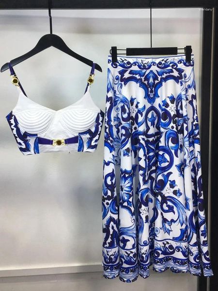 Robes de travail Menahem Runway Summer Blue et blanc Porcelaine Two Piece Set Spaghetti Spaghetti Zipper Imprimé court Crop Top Long Jupe