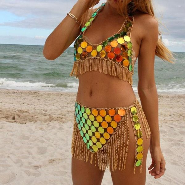 Vestidos de trabajo Brillo metálico Lentejuelas Mujeres Rave Festival Crop Top Borla Falda Mini Cintura Cadena Discoteca Fiesta Playa Burning Man Trajes