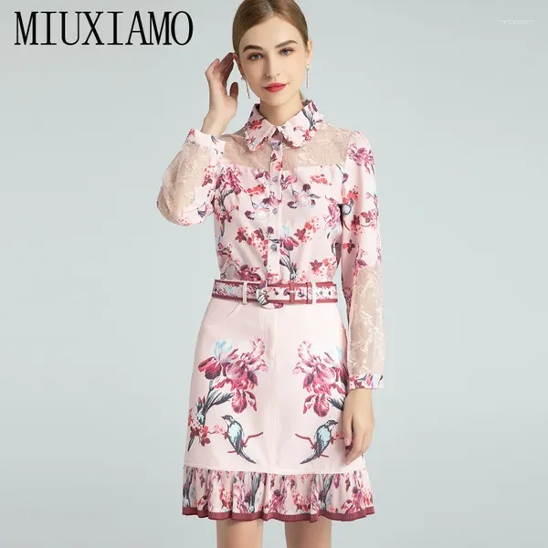 Vestidos de trabajo Miuximao2024 Spring Summer Turn-Down Collar Sex Sex Sex Flower Manga larga Lacetop Mini Skirt Traje Mujeres 2 Peice Sets con cinturón