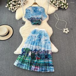 Werkjurken miyake originele stijl 2024 zomer geplooide patroon afdrukken stretch slanke tops lange rokpak vrouwelijke casual feest set