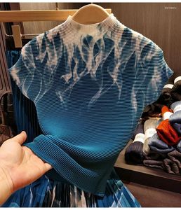 Robes de travail Miyake costume plissé femmes 2024 été dégradé couleur imprimé pull extensible haut et jupe taille haute ensemble deux pièces