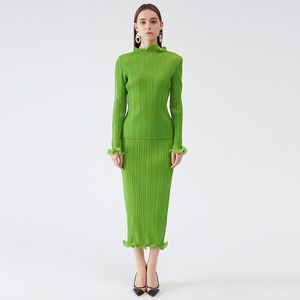 Werk Jurken Miyake Geplooide Tweedelige Sets Herfst Winter Groene Rok Koreaanse Mode Vrouwen Elegante Casual Designer Esthetische Kleding