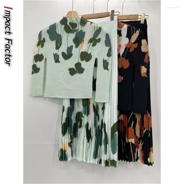 Vestidos de trabajo Miyake Plisado Mujer 2024 Primavera y otoño Impreso Maíz Manga larga Temperamento Vestido grande Conjunto