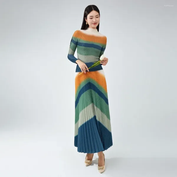 Miyake – robe de travail plissée pour femmes, ensemble d'automne, haut dégradé, demi-jupe, ample, grande taille, extensible