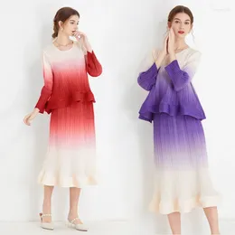 Robes de travail miyake femmes de style occidental réduisant l'âge couleurs de gradient à volants plissées en deux pièces en deux pièces