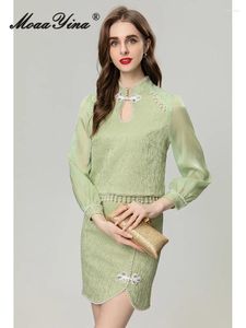 Werkjurken Moaayina 2024 Summer Fashion Designer Dress Sets Lantern Sleeve Pearl Peary Peading Shirt Mini Elegant Two -Pie