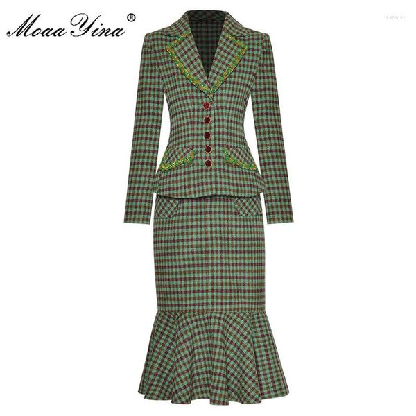 Robes de travail moaayina fashion piste jupes de printemps set femmes à manches longues à plaid vert tobe à imprimé jupe swirt deux pièces costume