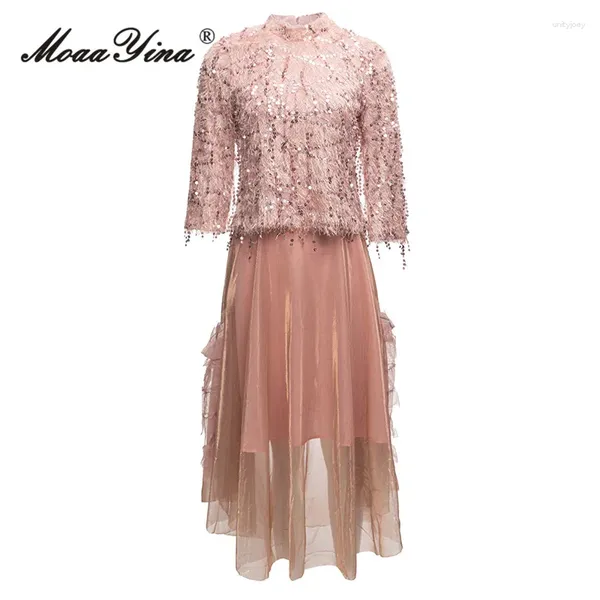 Robes de travail MoaaYina été créateur de mode rose Vintage jupe ensemble femmes col montant paillettes glands haut maille longue 2 pièces