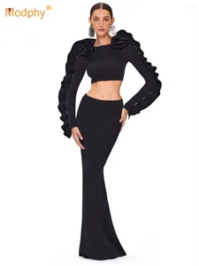 Robes de travail Modphy Femmes Jupe Top Bandage Deux Pièces Ensemble Fleur Noire À Manches Longues Crop Tight Club Party Robes