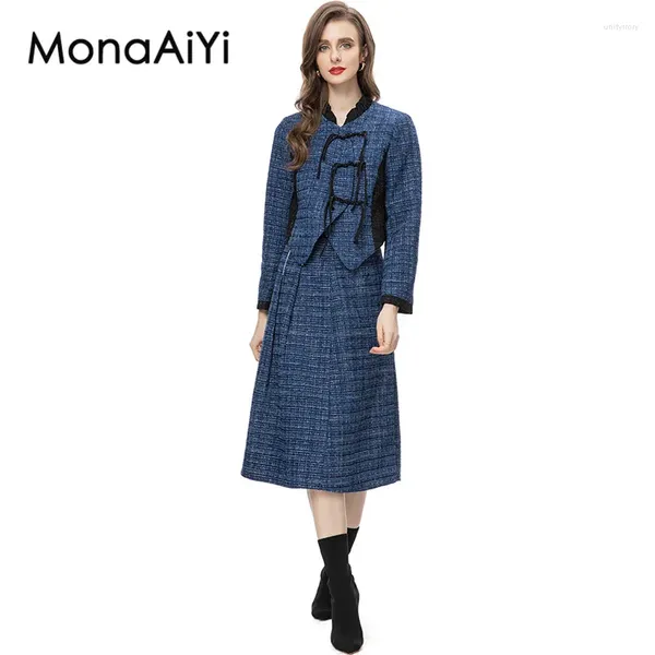 Vestidos de trabajo Monaiyi Diseñador de moda High Street Collar de tweed Blue Tweed Blue Tops Fistail Fishtail Skirt 2 PCS Set 2024 EST