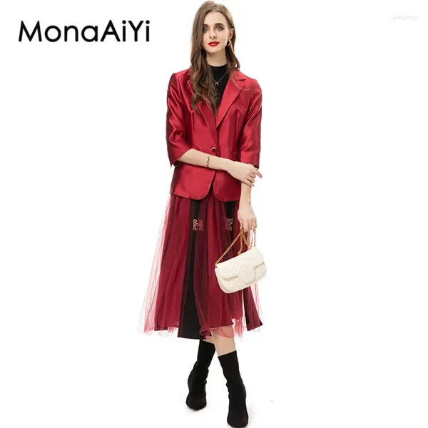 Robes de travail Monaaiyi High Street Runway Fashion Designer de mode pour femmes Blazer Blazer Diamond Set Gauze jupe Slim Short 3PCS 2024