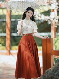 Work Dresses Mori College Style Skirt Set For Women Nail Bead Chic Embroidery Blouse Pleated Summer Fashion Retro Women's Outfits
