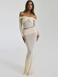 Werk jurken Mozision mode rok tweedelig voor vrouwen off-shoulder pure crop tops met lange mouwen en sexy sets