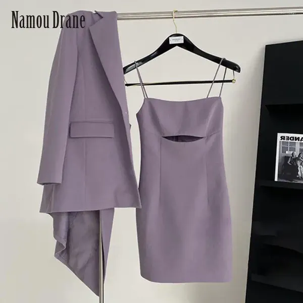 Robes de travail Namou Drane Corée du Sud 2024 Niche de niche pourpre manteau féminité Fashion Halter Jupe deux ensembles d'été