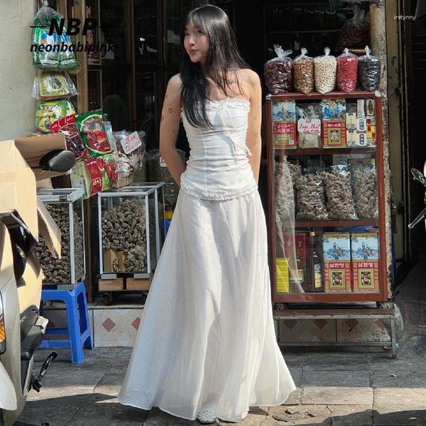 Vestidos de trabajo NEONBABIPINK Conjuntos blancos de 2 piezas Traje de mujer Top de tubo ahumado y una falda maxi de línea Y2k Ropa de hadas Ropa de resort N33-DC25