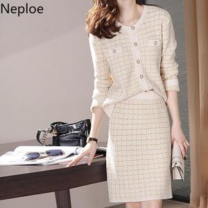 Werk jurken neploe mode gebreide twee stuk set vrouwen elegante cardigan jas tops hoge taille slanke bodycon rok Koreaanse pak 2 stks femme roupas