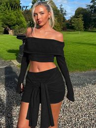 Werkjurken Nibber Herfsttrend Effen Kleur Tweedelige Set Vrouwen Boothals Crop Tops Slanke Bandage Warp Hip Rok Vrouwelijke Straat Matching