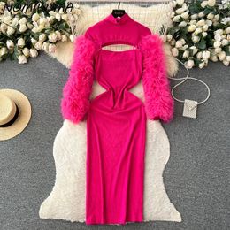 Robes de travail Nomikuma Tenues de mode Femmes Pétales 3D Manches longues Pull super court Slim Stretch Sling Bodycorn Robe 2 pièces Ensembles