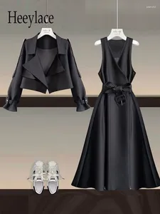 Robes de travail pour femmes, ensemble deux pièces noir élégant pour le bureau, tenues coréennes, manteaux à col en V crantés et vêtements longs 4XL