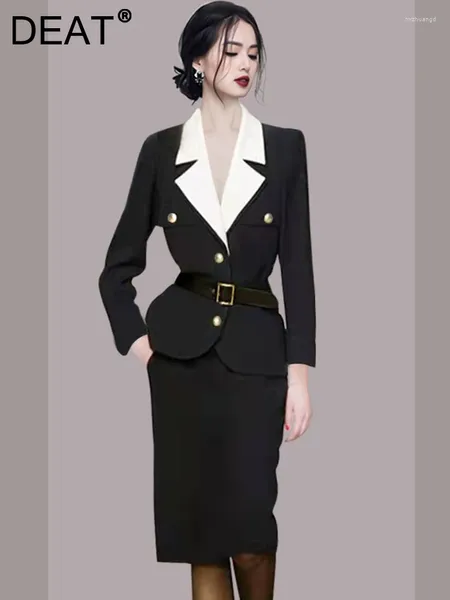 Vestidos de trabajo Office Lady 2 piezas Bloque de color Bloque de manga completa Falda de cinturón de pecho individual Mujeres elegantes 2024 Moda 15kb4393