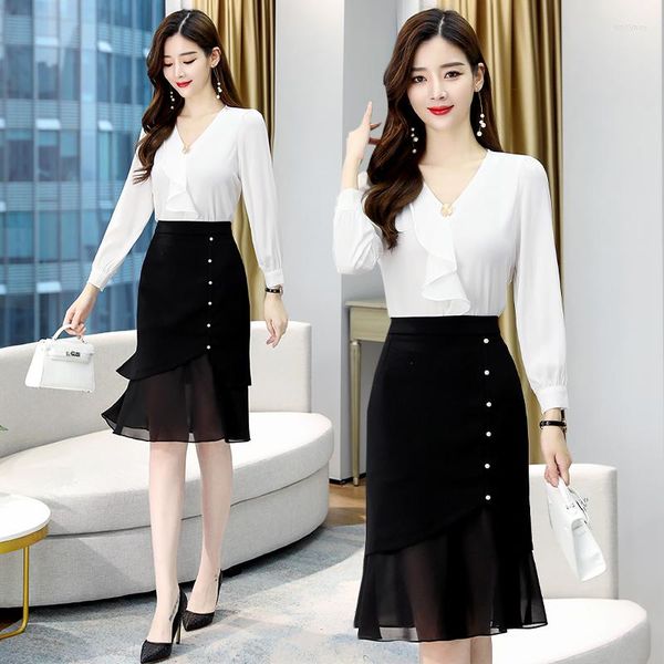 Vestidos de trabajo Dama de la oficina Sets de dos piezas 2023 Autumn Spring Women Manga larga Tops Topas Tamiseta Falda de estilo coreano Sweet 2 Suits