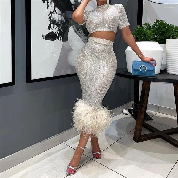 Robes de travail Omsj Sequins brillantes en deux pièces sets femmes Fashion Summer Summer Sleeve Top Club Party BodyCon Feather MIDI JOURTS MATCHING TOSIDS