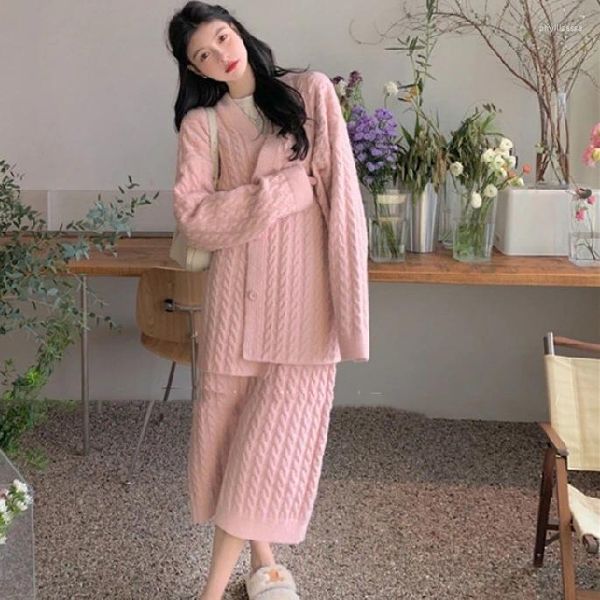 Robes de travail Onalippa modèle tricoté deux pièces ensembles tenues pour femmes col en V simple boutonnage mi-long cardigan jupe taille haute élastique