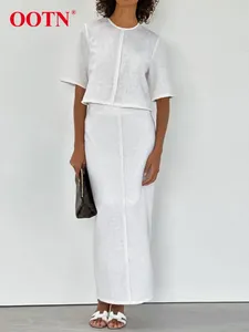 Robes de travail OOTN blanc Vintage taille haute jupes costumes femmes été à manches courtes hauts gland Midi jupe droite deux pièces ensembles élégant