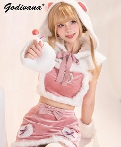 Werkjurken origineel ontwerp meisje dames winter cosplay kleding set schattige bont cape cape Japanse sexy roze buis top kort rokpak